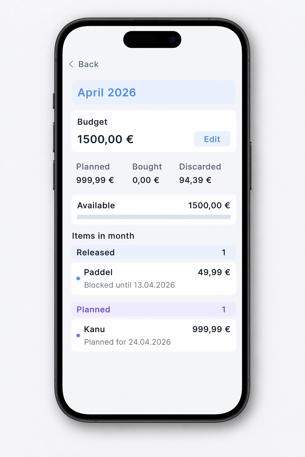 MindBuy Detail-Ansicht eines geplanten Kaufs mit Wartezeit